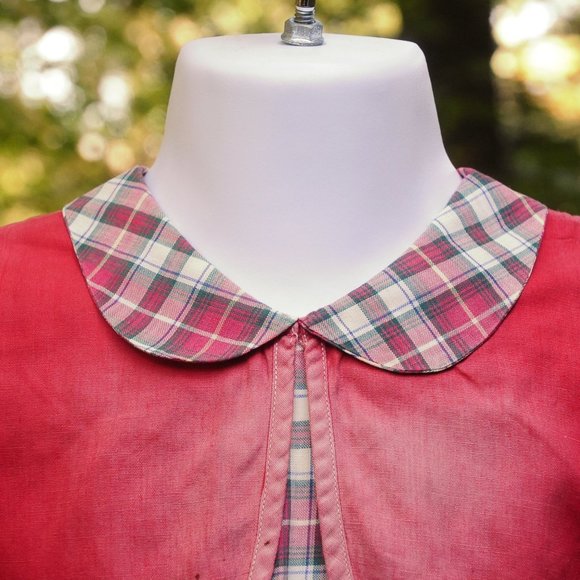 VTG 60's Girls Red Cotton & Plaid School Dress Size 12/18M Eyelet Floral Design - Picture 6 of 10